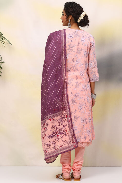 Pink Cotton A-Line Kurta Churidar Suit Set image number 4
