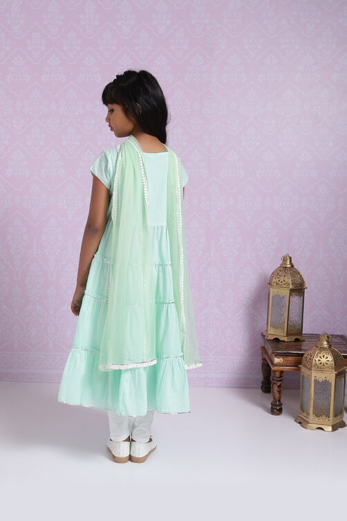 Sea Green Cotton Tiered Kurta Churidar Suit Set image number 5