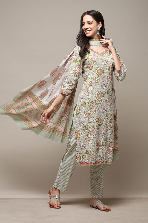 Dull Green Cotton Panelled Unstitched Suit Set image number 1