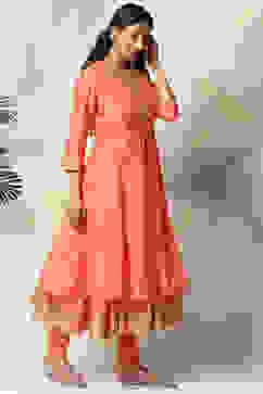 Coral Cotton Blend Anarkali Kurta Churidar Suit Set image number 5