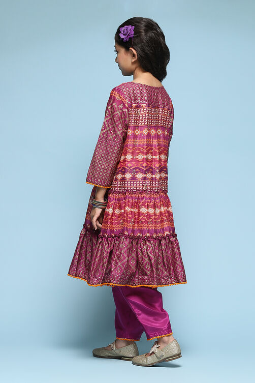 Pink & Purple Polyester Tiered Kurta Printed Suit Set image number 4