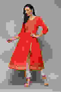 Red Cotton A-Line Printed Kurta image number 0