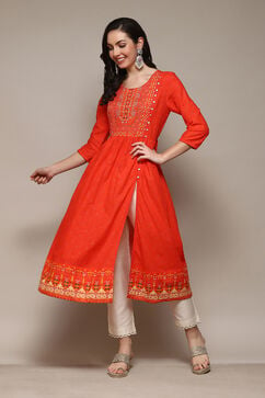 Red Cotton A-Line Printed Kurta image number 0