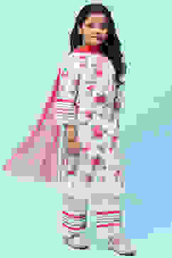 White Cotton Floral Printed Kurta and Palazzo Suit Set image number 6