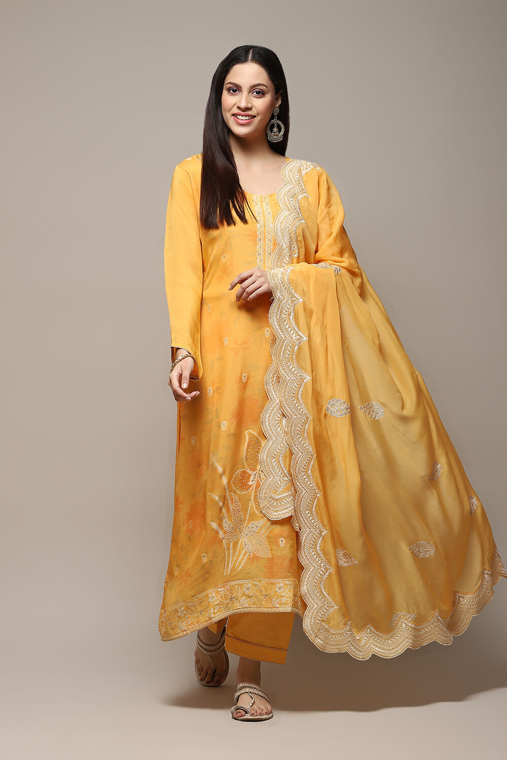 Mustard Linen Blend Digital Print Unstitched Suit Set image number 1