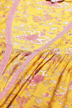 Mustard Cotton Flared Printed Kurta Dress With Shrug image number 3