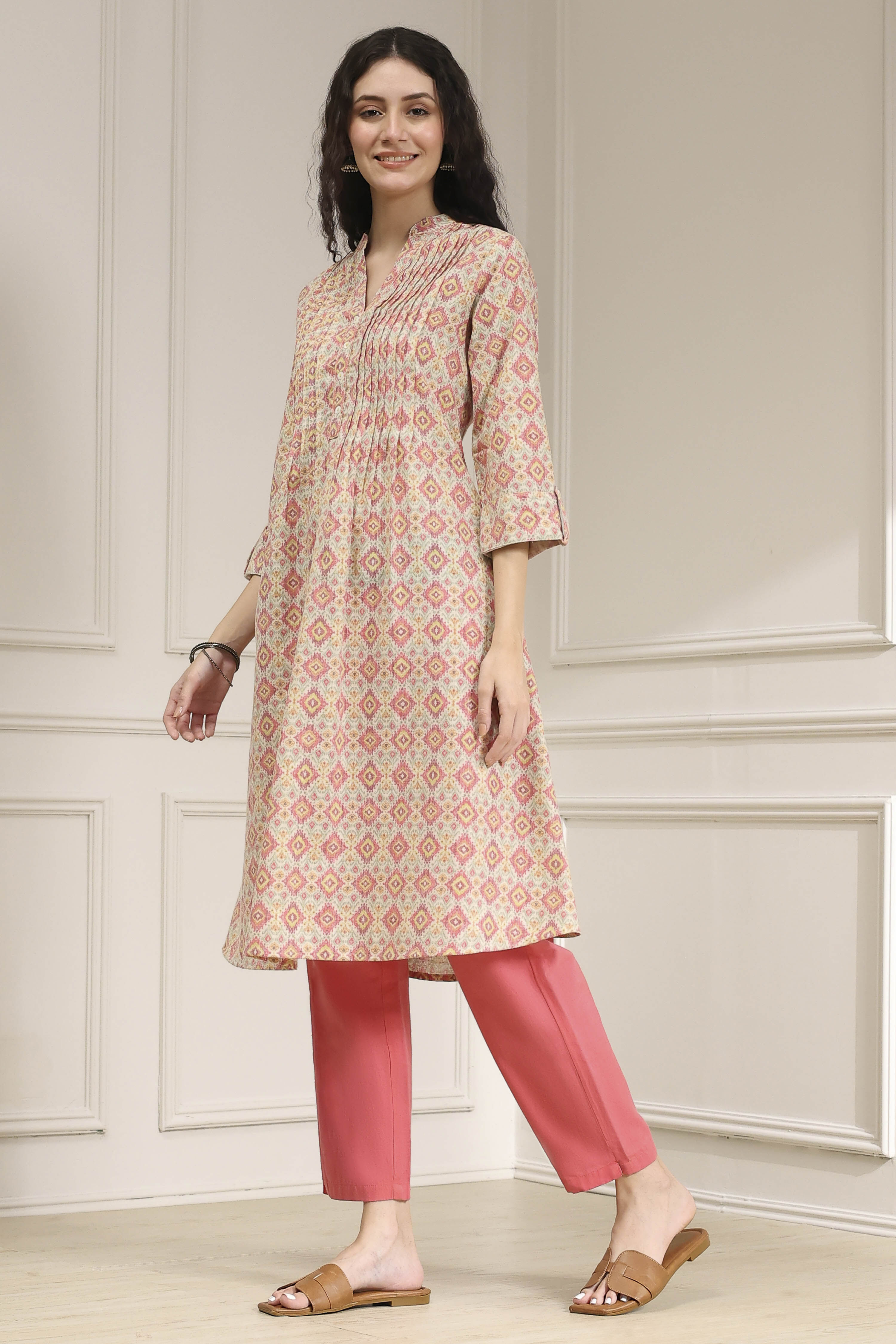 Blue Cotton Printed A-Line Kurta image number 2