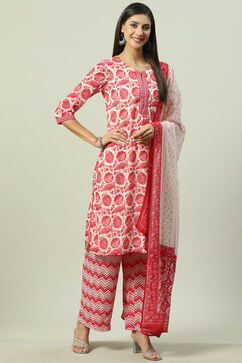 White and Red Cotton Straight Kurta Palazzo Suit Set image number 0