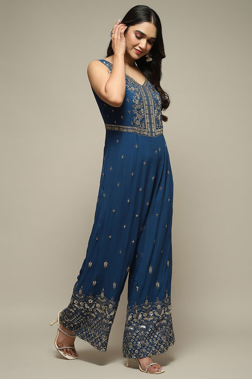 Blue Viscose Straight Embroidered Jumpsuit image number 4