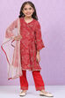 Red Rayon Front Open Kurta Regular Pant Suit Set