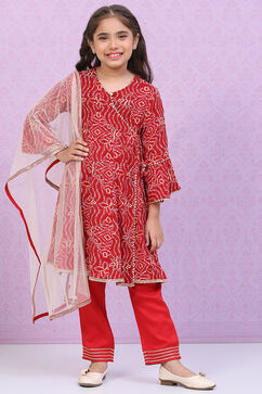 Red Rayon Front Open Kurta Regular Pant Suit Set image number 0