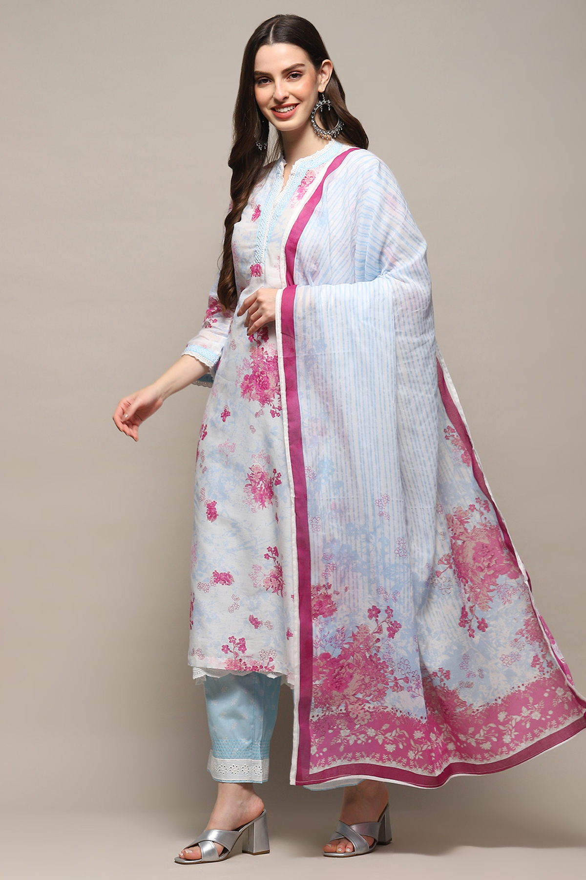 Off White Blue Cotton Straight Suit Set