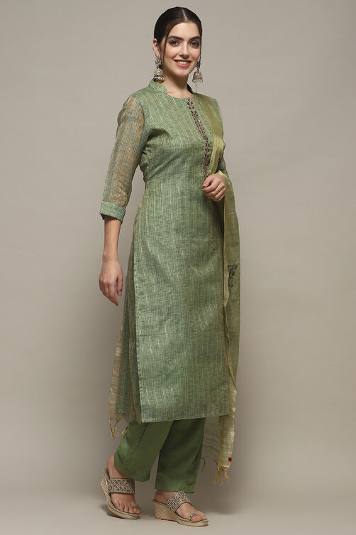 Earthy Yellow Chanderi Unstitched Suit set image number 6