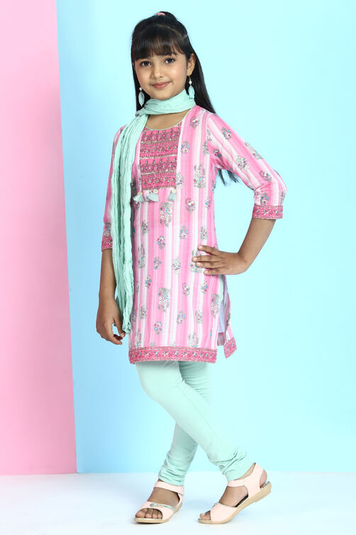 Pink Cotton A-Line Kurta Churidar Suit Set image number 2