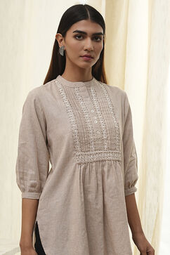 Beige Cotton Yarn-Dyed Short Straight Kurta image number 1