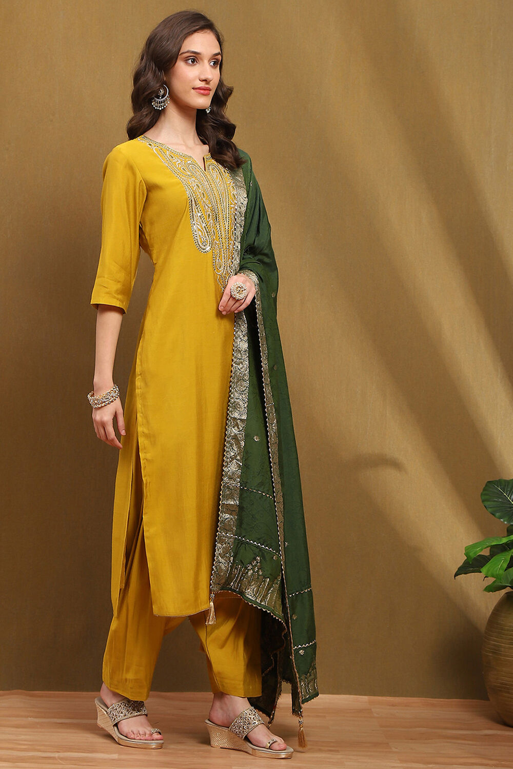 Mustard Yellow Chanderi Embroidered Unstitched Suit Set image number 3