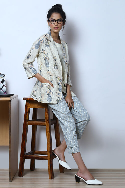 Off White Cotton Blazer Printed Top image number 5