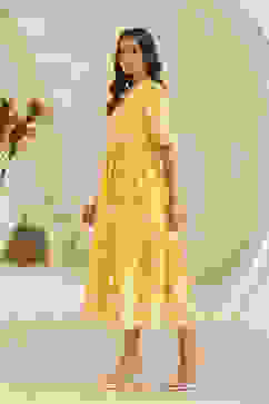 Yellow Cotton Embroidered Tiered Dress image number 2