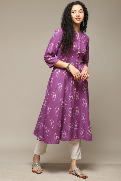 Purple Cotton IKAT Flared Yarndyed Kurta image number 4