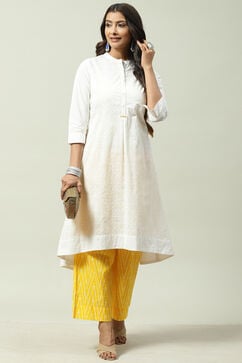 White and Yellow Cotton A - Line Kurta Cropped Palazzo Suit Set image number 3