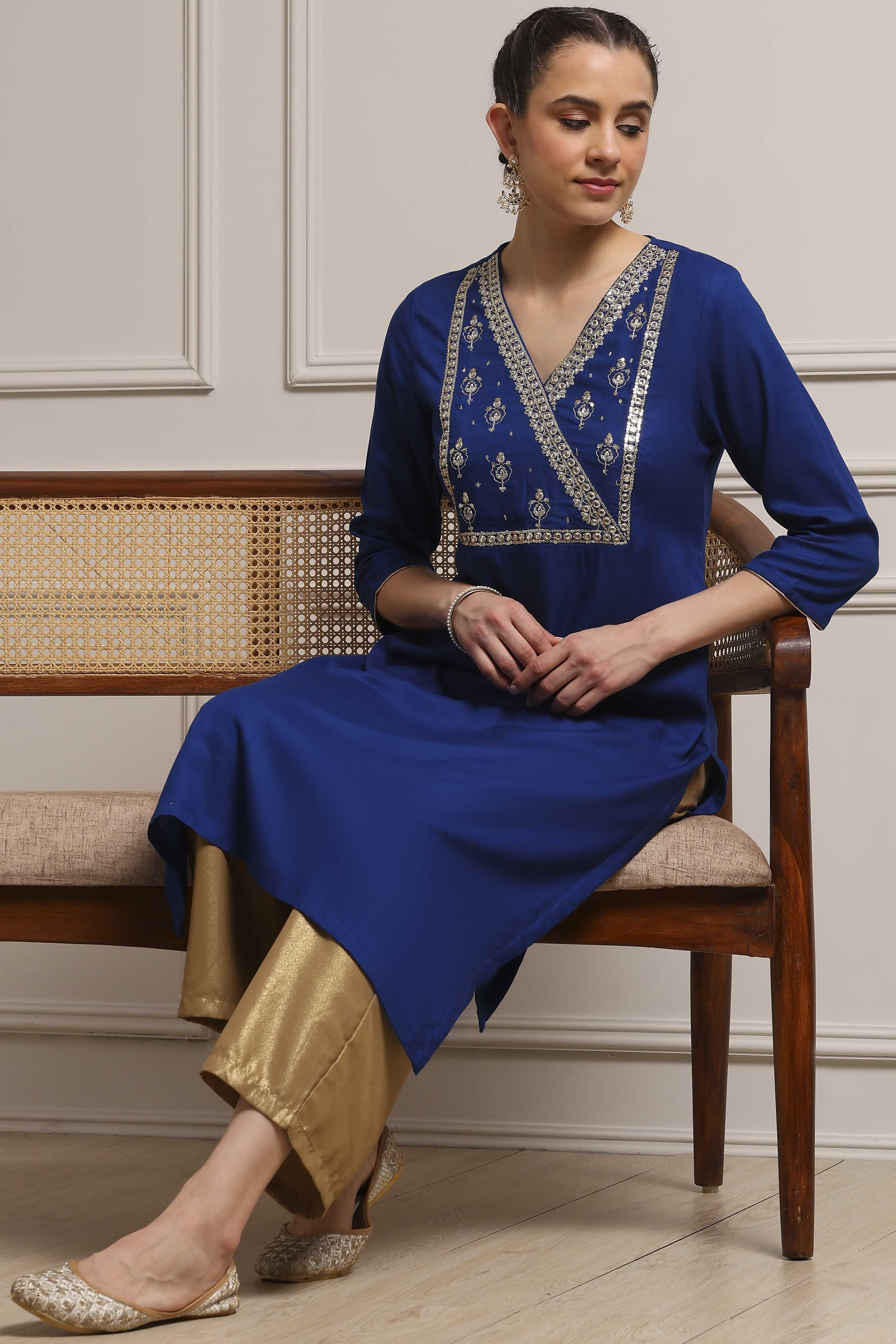 Blue Viscose Rayon Straight Dyed Kurta image number 0