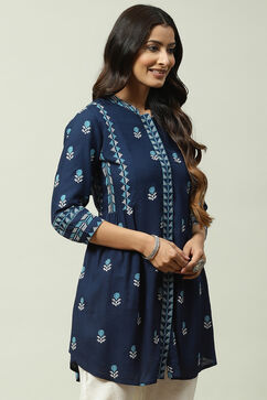 Navy Rayon Asymmetric Printed Short Kurti image number 3