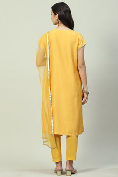 Mustard Art Silk Straight Kurta Slim Pants Suit Set image number 4