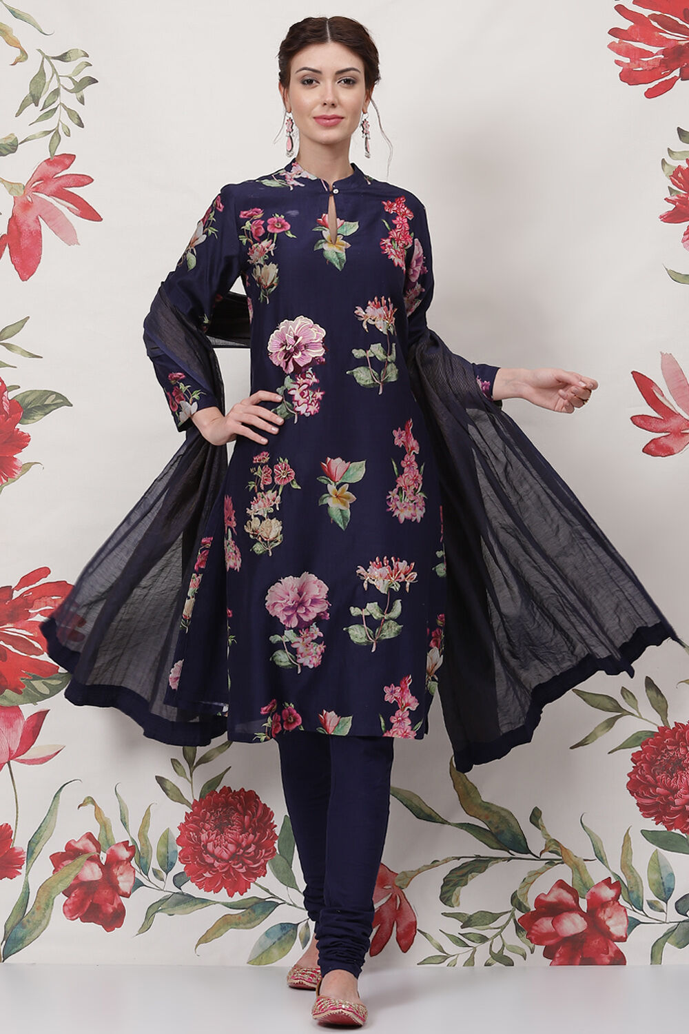 Buy Rohit Bal Indigo Cotton Silk Straight Printed Suit Set Kurta