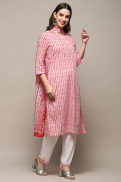 White Red Cotton Straight Suit Set image number 6