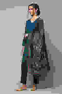 Peacock Blue Acrylic Straight Kurta Pants Suit Set image number 5