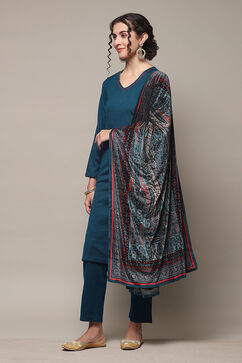 Peacock Blue Acrylic Straight Kurta Pant Suit Set image number 5