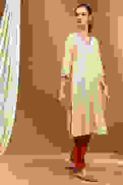 Cream-coloured Printed Regular Fit Straight Kurta image number 4