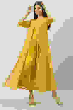 Mustard Art Silk Flared with Cape Dress image number 0
