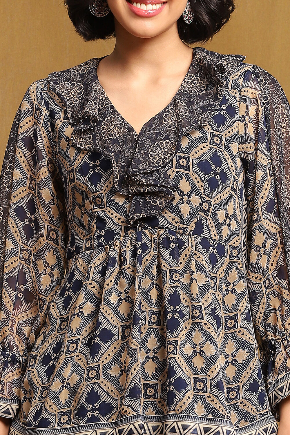 Blue Georgette Printed Gathered Indie Top image number 1