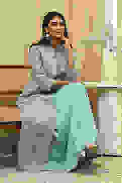 Turquoise Printed Layered Cape Dress image number 1