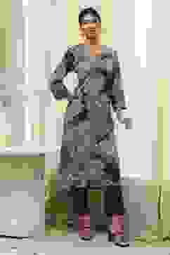 Charcoal Floral Printed Straight Kurta image number 5