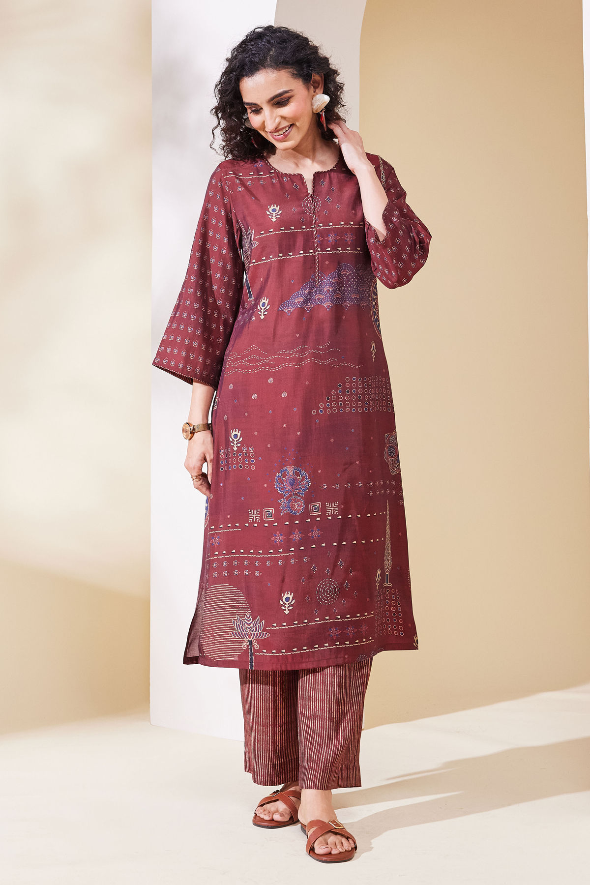 Maroon Viscose Blend Straight Kurta Set