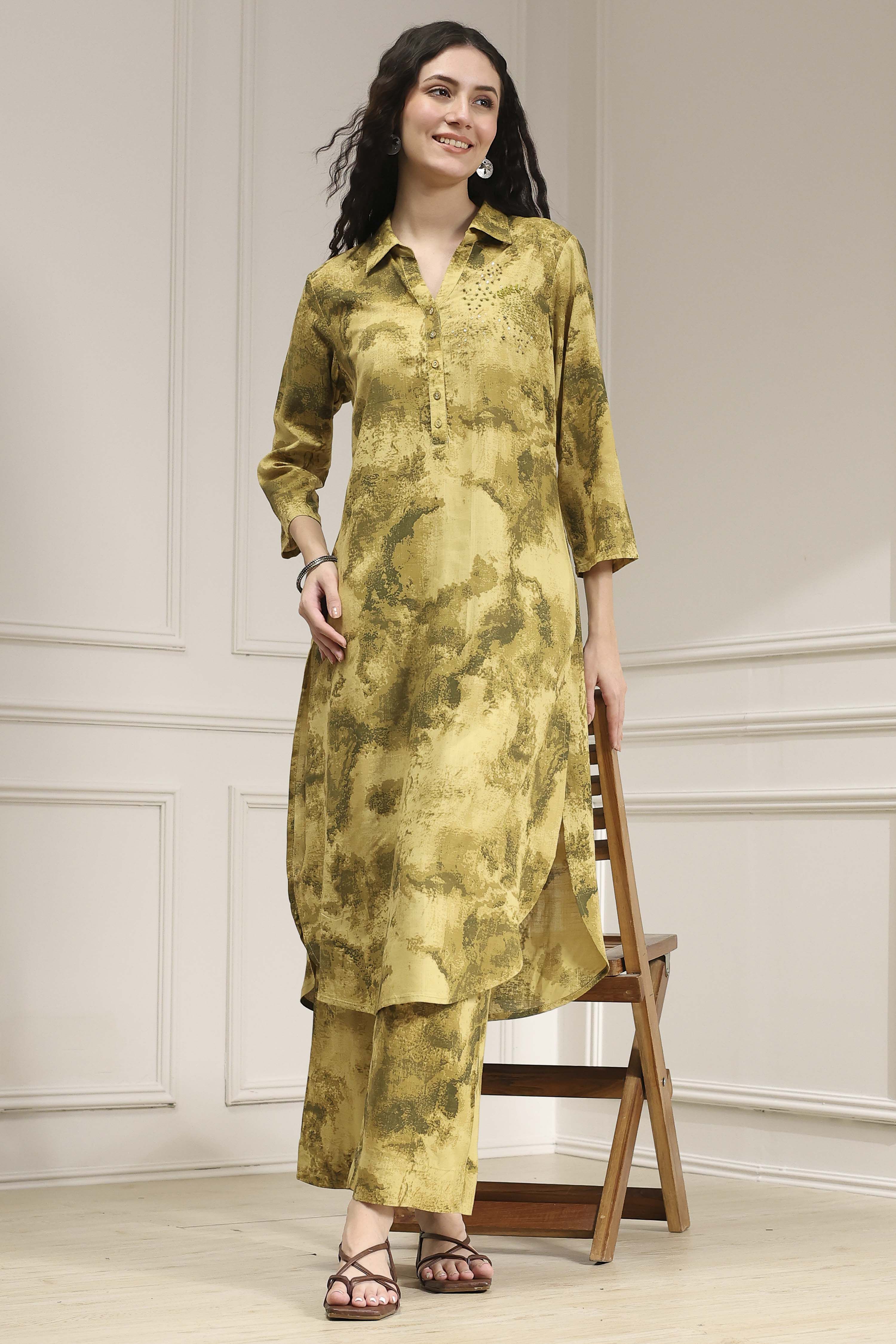 Green Printed Kurta Pants Co-ord Set image number 0