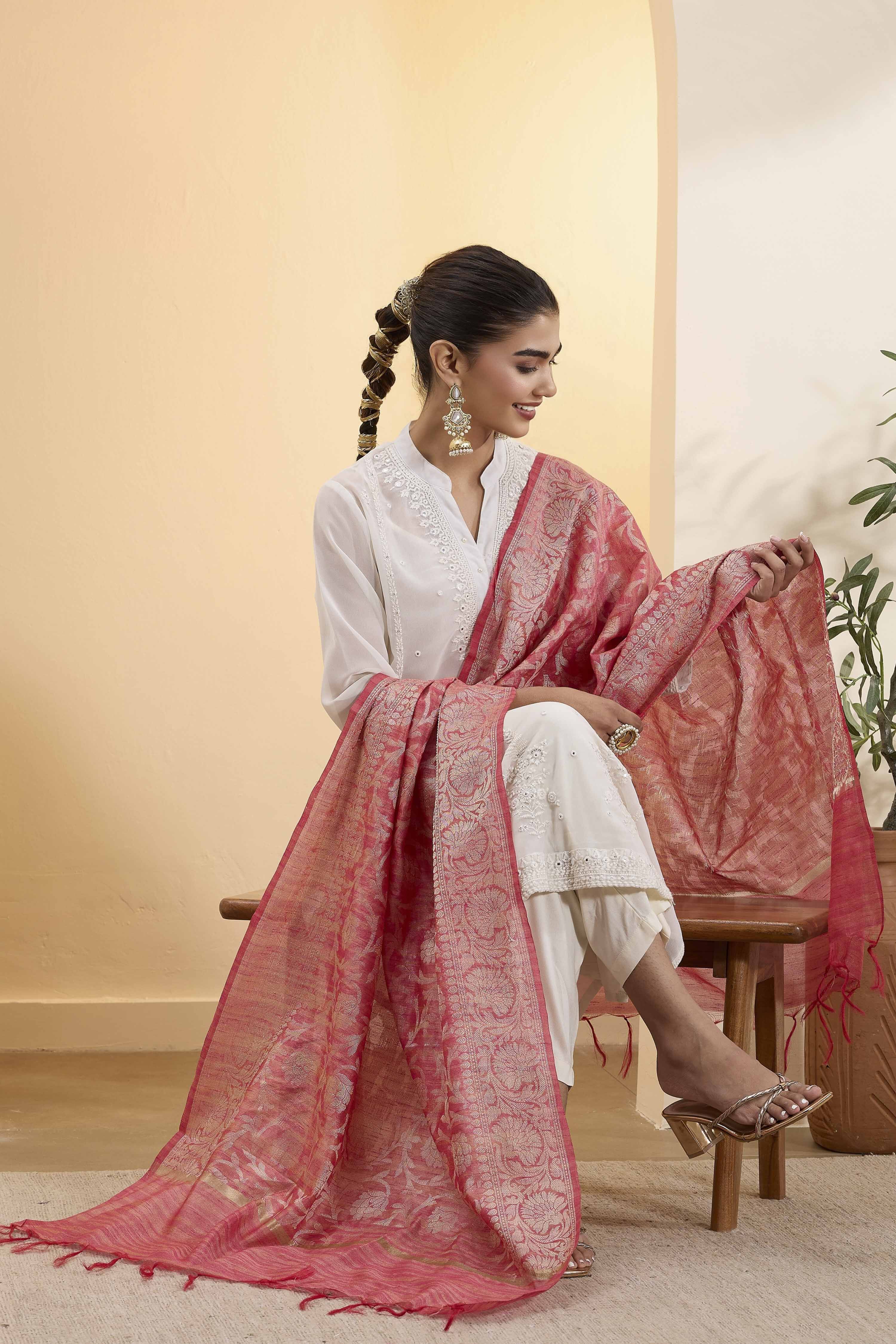 Red Poly Zari Dupatta image number 0
