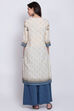 Cream And Indigo Art Silk Straight Kurta Flared Palazzo Suit Set image number 5