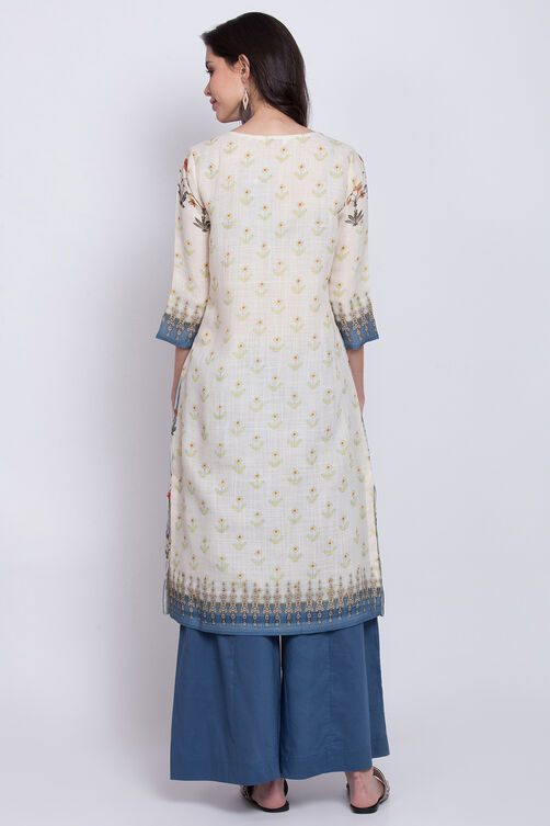 Cream And Indigo Art Silk Straight Kurta Flared Palazzo Suit Set image number 5