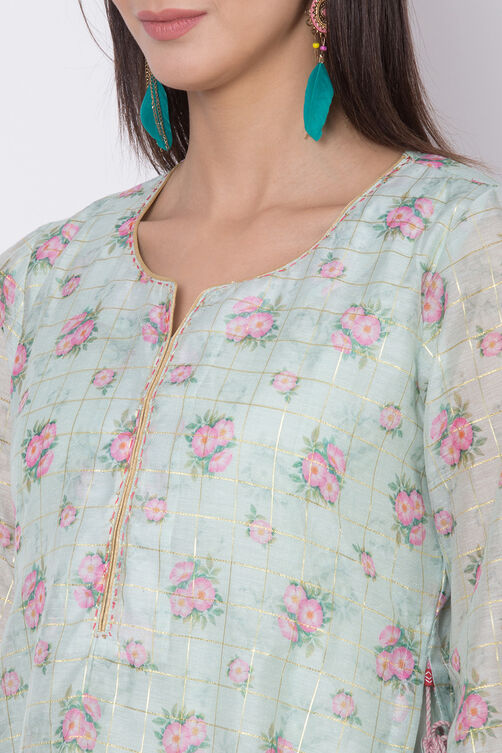 Mint Green Poly Metallic Cotton Flared Printed Kurta image number 1