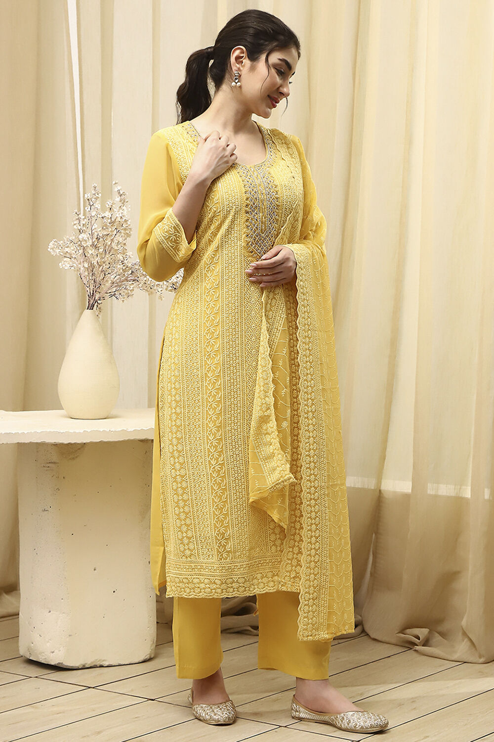 Yellow Georgette Schiffli Unstitched Suit Set image number 6