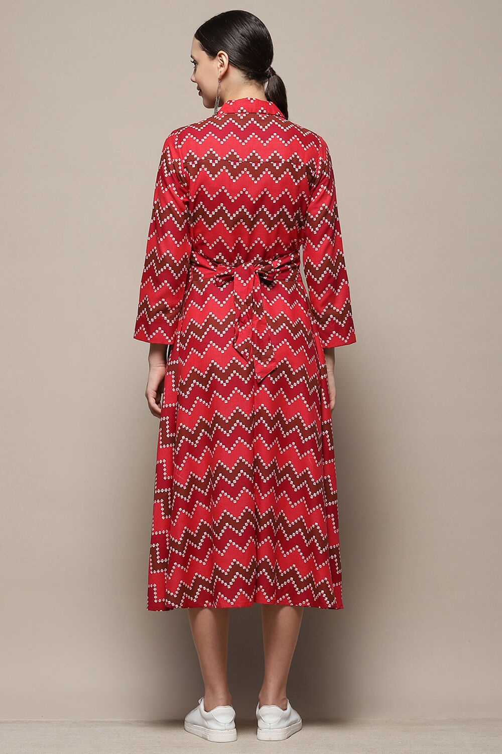 Brown Chevron Block Printed Shirt-Style A-line Dress image number 3