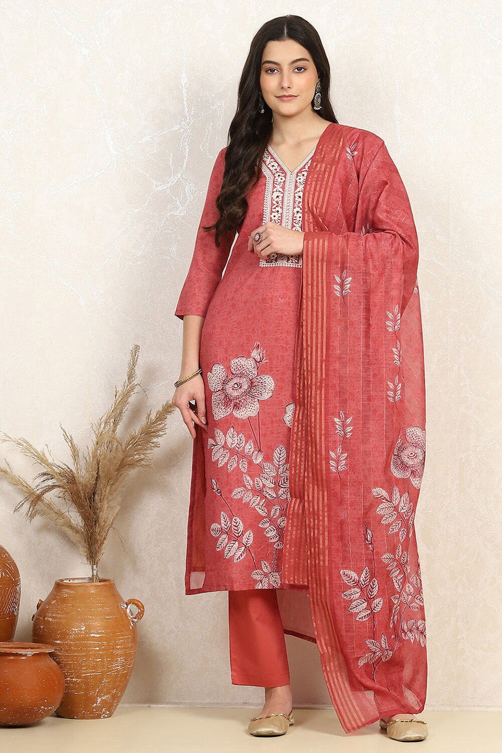 Rust Linen Digital Print Unstitched Suit Set image number 7