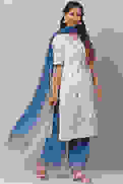 White Cotton Art Silk Straight Kurta Palazzo Suit Set image number 6