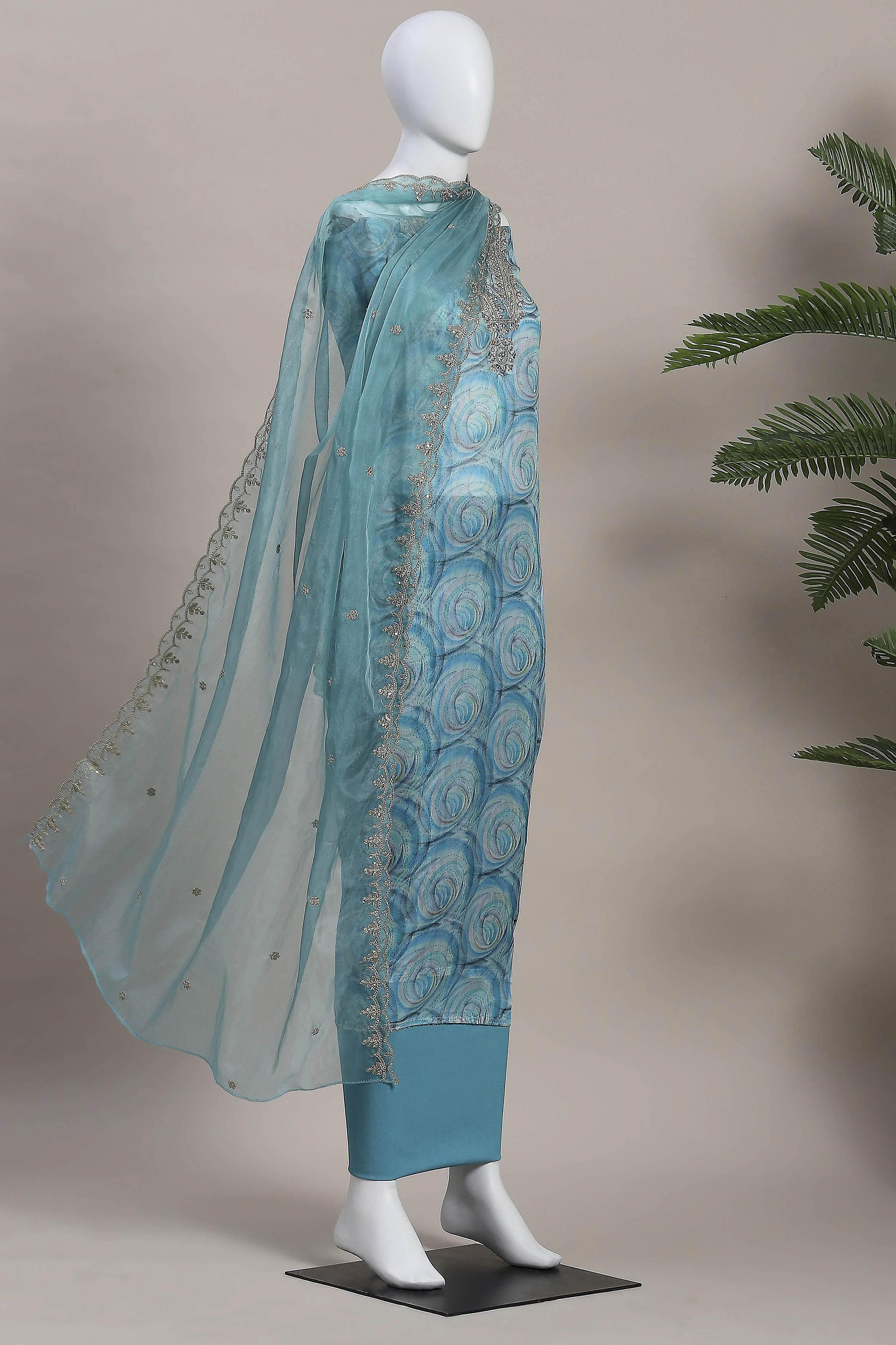 Blue Organza Rajasthani Print Unstitched Suit Set image number 4
