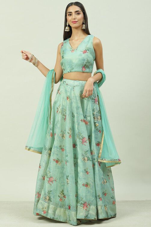 Sea Green Cotton Blend Lehenga Set image number 7