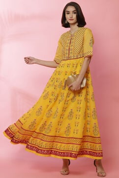 Yellow Art Silk Anarkali Printed Kurta Dress image number 0