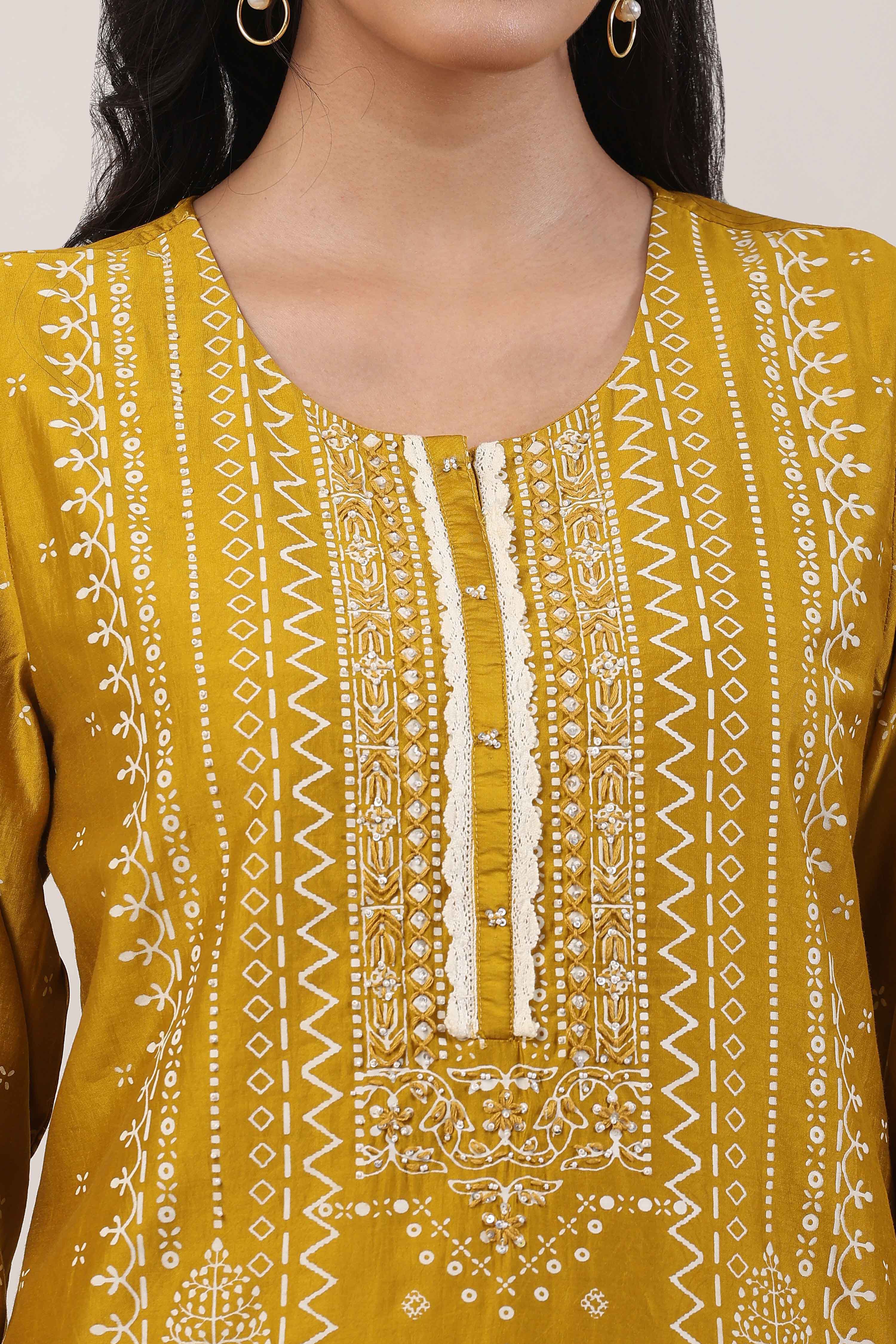 Mustard Yellow Ethnic Motifs Straight Suit Set image number 1